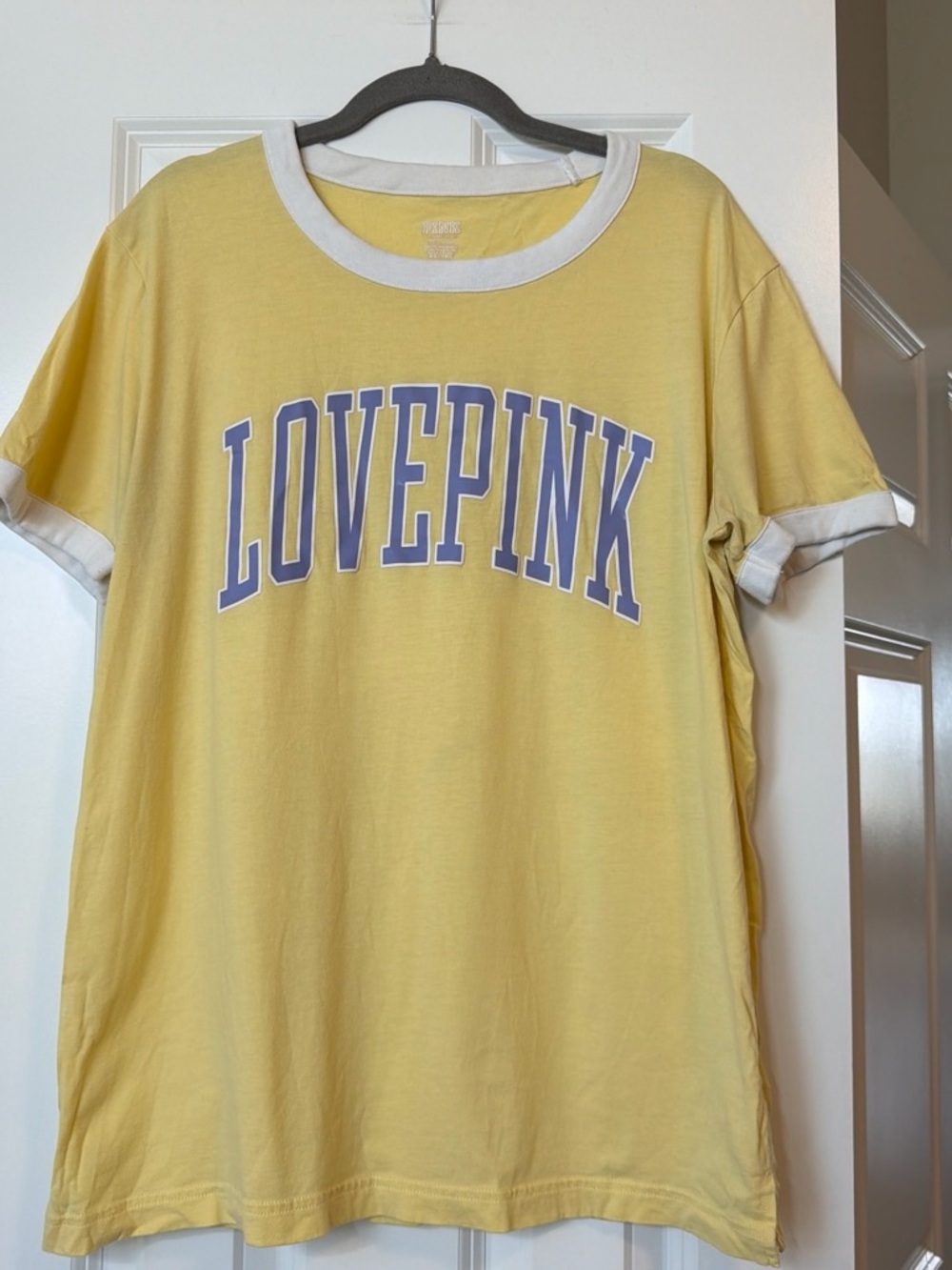 PINK Victoria's Secret Yellow Ringer Tee with White Trim and Lavender 'LOVEPINK'